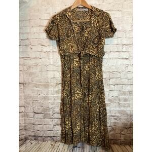 Vintage Beth & Me Dress Womens Large Brown Mixed Print Button Front Layered